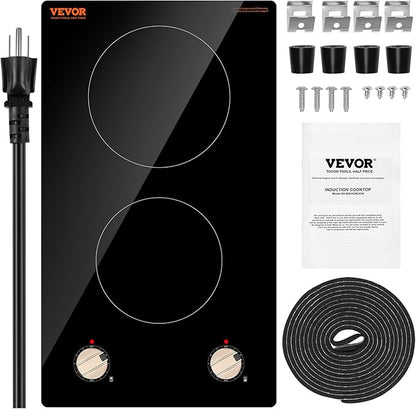 VEVOR Induction Cooktop, 1800W Electric Countertop Burner, 2 Burner Knob Control Stove, Built-in Induction Cooktop with 12 Temperature Settings, Glass Surface, Auto Shut-Off