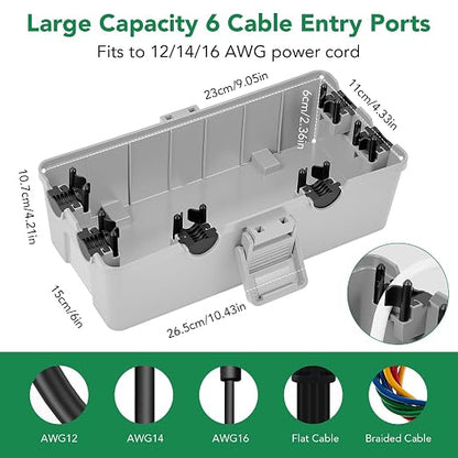 Medium Outdoor Electrical Box(10.4x6x4.2inch), IP54 Waterproof, Weatherproof Connection Box w/6 Cable Entry Ports, Extension Cord Cover Protect Power Strip, String Lights, Timer, Plug, Grey
