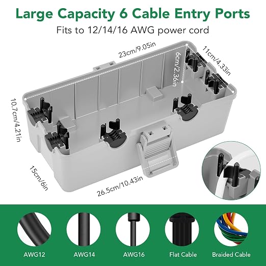 Medium Outdoor Electrical Box(10.4x6x4.2inch), IP54 Waterproof, Weatherproof Connection Box w/6 Cable Entry Ports, Extension Cord Cover Protect Power Strip, String Lights, Timer, Plug, Grey