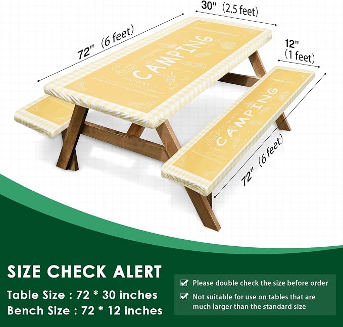Picnic Table Cover with Bench Covers Elastic Edges, Yellow Camper Fitted Table Cover, Outdoor Patio Camping Essentials 72 Inch 3PCS, Waterproof Camping Fitted Tablecloth with Drawstring Bag