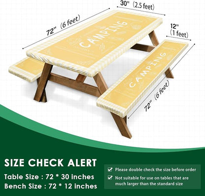 Picnic Table Cover with Bench Covers Elastic Edges, Yellow Camper Fitted Table Cover, Outdoor Patio Camping Essentials 72 Inch 3PCS, Waterproof Camping Fitted Tablecloth with Drawstring Bag
