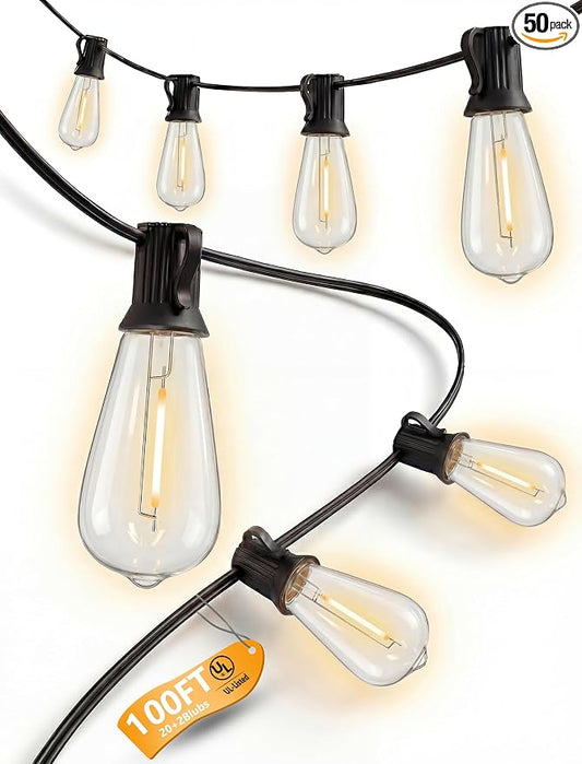 100FT Outdoor String Lights, 50 ST40 Edison LED Patio Lights | Shatterproof Bulbs, IP65 Waterproof, Dimmable 2700K Warm White, UL Listed Plug-In Black Wire for Large Backyard Pergola