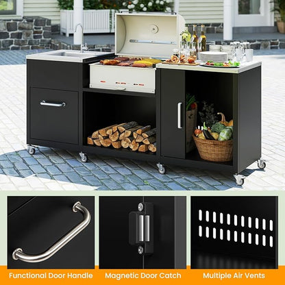 Happygrill 80” Outdoor Grill Table with Sink & Drainage, Heavy Duty Metal Grill Cart w/Cabinet & Removable Stainless Steel Top, Portable Prep Cooking Table w/Wheels for BBQ, Patio, Camping & Backyard