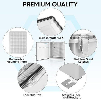 TICONN Outdoor Electrical Box Waterproof, Junction Box IP67 ABS Plastic Enclosure with Hinged Cover with Mounting Plate, Wall Brackets, Cable Glands (Clear, 19.7"x15.7"x7.9")