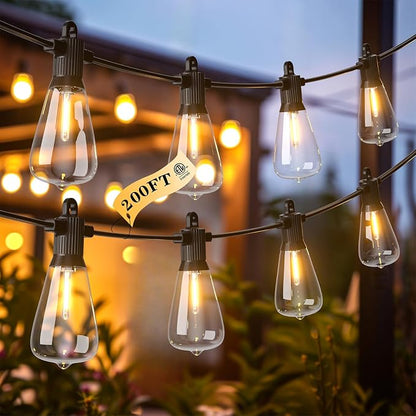 Kawaya 200FT LED Outdoor String Lights, Dimmable Waterproof Shatterproof Vintage Patio Lights with 100+4 Bulbs, Commercial Grade for Backyard, Garden, Bistro, Cafe & Party