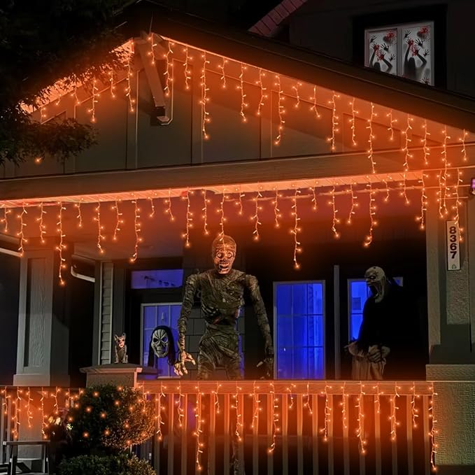 QITONG Orange Lights for Halloween, 33ft 400 LED Icicle Lights for Outside Plug in, Clear Wire Connectable String Light Indoor with 8 Modes