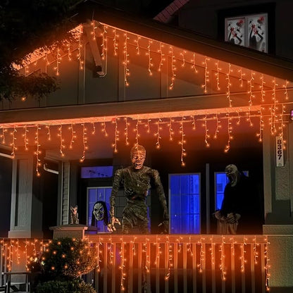 QITONG Orange Lights for Halloween, 66ft 800 LED Icicle Lights for Outside Plug in, Clear Wire Connectable String Light Indoor with 8 Modes for Thanksgiving Fall Décor