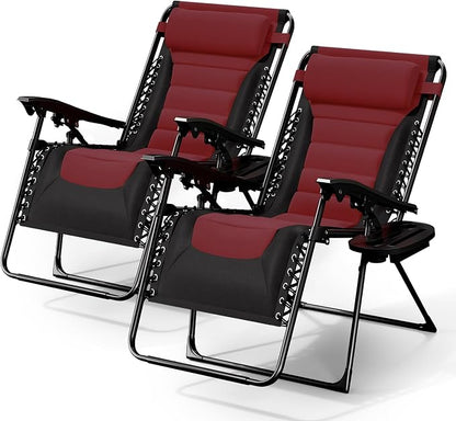 Nestl Padded Oversized Zero Gravity Chair, XL Outdoor Lounge Chair Set of 2 | Adjustable Headrest, Cup Holder & Side Tray, Support 330 LBS, Reclining & Foldable, For Patio Beach & Camping, Black/Burgundy