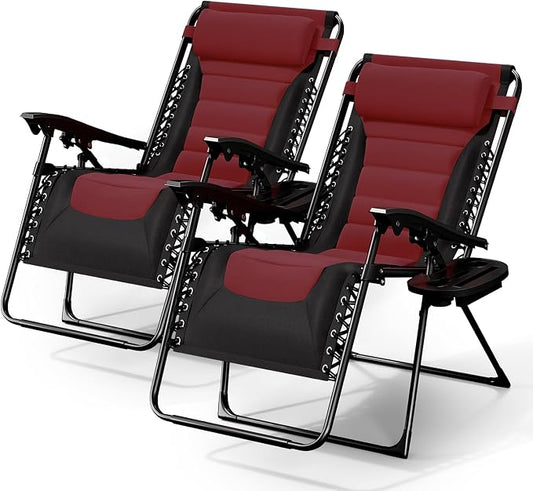 Nestl Padded Oversized Zero Gravity Chair, XL Outdoor Lounge Chair Set of 2 | Adjustable Headrest, Cup Holder & Side Tray, Support 330 LBS, Reclining & Foldable, For Patio Beach & Camping, Black/Burgundy