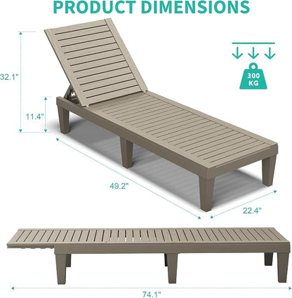 Outdoor Chaise Lounge Chair Set of 4, Grey | 5-adjustable position, all weather resin, lightweight, tanning lounge chairs for pool, patio, beach, outside