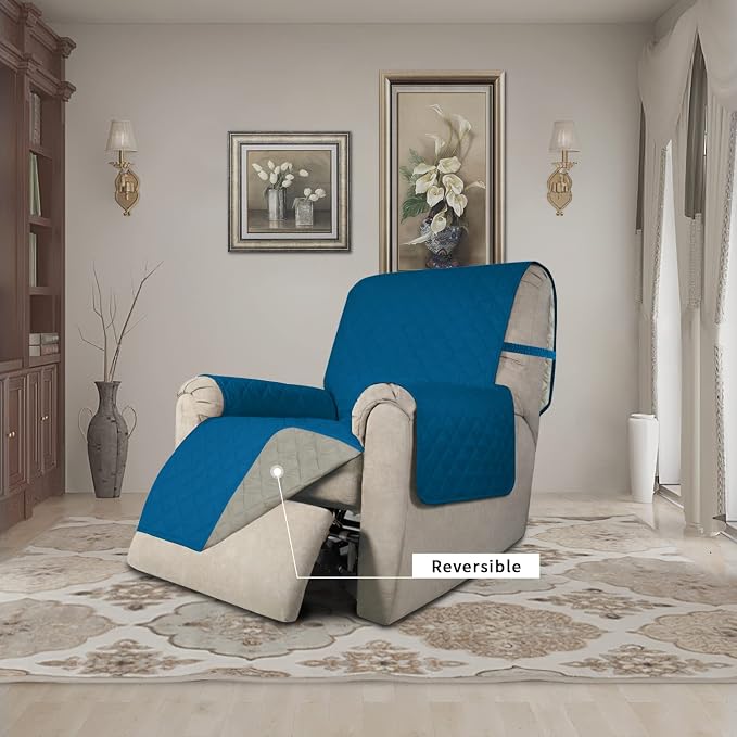 Easy-Going Recliner Chair Slipcover Reversible Sofa Cover Water Resistant Couch Cover Furniture Protector with Elastic Straps for Pets Dog (Recliner 22 inch, Peacock Blue/Beige) | Machine Washable Slipcover For Dogs, Water Resistant Furniture Mat For L...