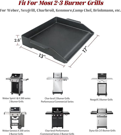 17" x 13" Universal Cast Iron Griddle for Gas Grill, Stove Top Griddle Gas Grill Griddle Insert for Charbroil Nexgrill Parts Charcoal Cooking Plate Outdoor Camping Tailgating Teppanyaki BBQ Accessory