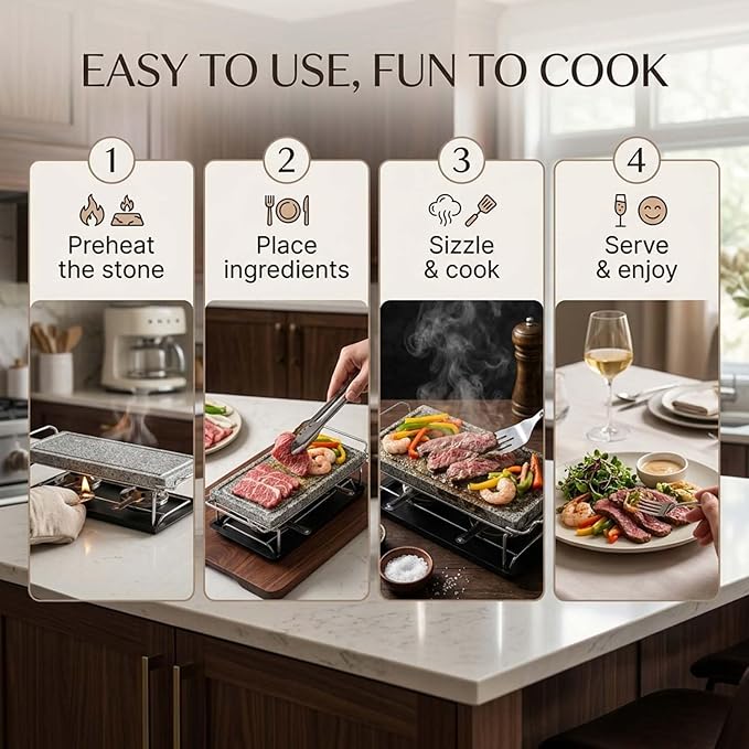 Artestia Hot Stone Steak Cooking Set – Long Heat Retention - Sizzling Steak Plate with Tray & Rack for Family Dinner, Indoor/Outdoor BBQ Grilling Gift