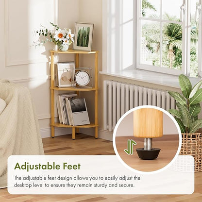 3 Tier Bamboo Corner Shelf, Storage Stand with Adjustable Feet, Small Space Corner Bookcase, Outdoor Plant Stand, Space-Saving Organizer for Bathroom Kitchen Living Room
