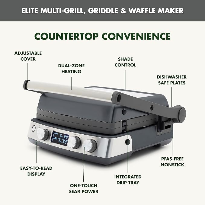 GreenPan Elite 6-in-1 Multi-Function Contact Grill & Griddle, Healthy Ceramic Nonstick Reversible Plates, Adjustable Shade & Shear, Closed Press/Open Flat Surface, PFAS-Free, Graphite
