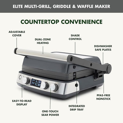 GreenPan Elite 6-in-1 Multi-Function Contact Grill & Griddle, Healthy Ceramic Nonstick Reversible Plates, Adjustable Shade & Shear, Closed Press/Open Flat Surface, PFAS-Free, Graphite