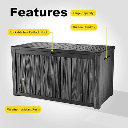 ROJIK 200 Gallon Deck Boxes Outdoor Waterproof, Weatherproof Outdoor Storage Boxes with Lockable Lid, Resin Large Storage Box for Patio Furniture Cushions, Garden Tools and Pool Floats (Black)
