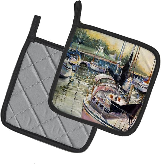 Caroline's Treasures JMK1246PTHD Black Sails Sailboats Pair of Pot Holders Kitchen Heat Resistant Pot Holders Sets Oven Hot Pads for Cooking Baking BBQ, 7 1/2 x 7 1/2