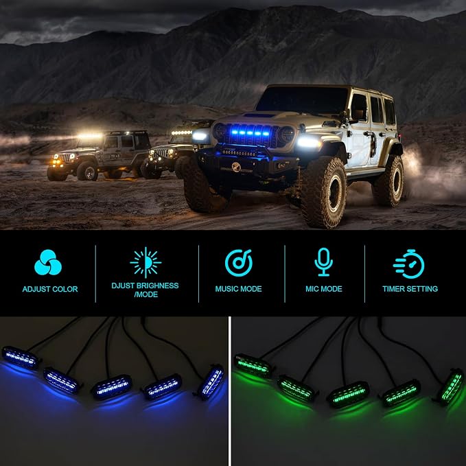 RGB LED Grille Lights Compatible with 2024-2025 Jeep Wrangler JL JLU JT,5PCS 16 Color-Changing OEM Grill Lights with APP Control Adjustable Atmosphere,Music Sync,IP68 Waterproof