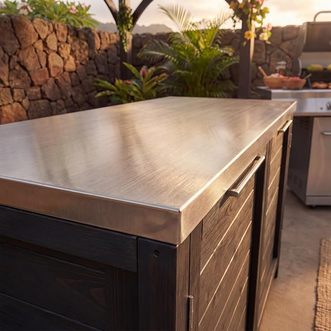MOUMON Patio Kitchen Storage Cabinet with Stainless Steel Countertop, Solid Cedar Patio Prep Table for Grilling, Outdoor Cooking Station, Dark Grey 51.2”W x 23.6”D x 37.4”H