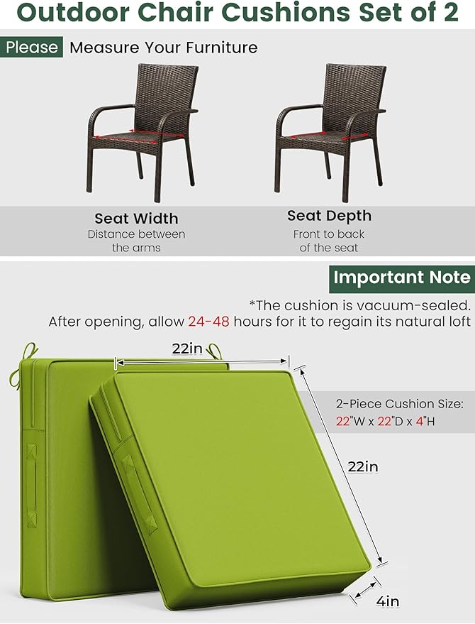 Outdoor Chair Cushion 22 x 22 x 4 Inches Patio Furniture Outdoor Waterproof Seat Cushion, Patio Chair Cushion with Handles and Ties, Square Dining Chair Cushion Set of 4, Grass Green