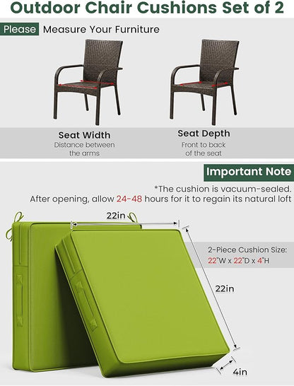 Outdoor Chair Cushion 22 x 22 x 4 Inches Patio Furniture Outdoor Waterproof Seat Cushion, Patio Chair Cushion with Handles and Ties, Square Dining Chair Cushion Set of 4, Grass Green