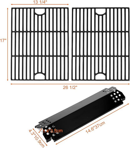 Uniflasy Grill Replacement Parts for Nexgrill 4 Burner 720-0830H, 5 Burner 720-0888N, 720-0888 Gas Grill Models, Porcelain Steel Heat Plate Flame Tamer, Cast Iron Grill Grates, 17inch