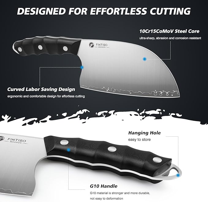 FINTISO Serbian Chef Knife, 6.5 Inch Hand Forged Meat Cleaver Knife with 5-Layer High Carbon Stainless Steel, Full Tang Outdoor-Proof G10 Handle, Ideal for Kitchen, Camping & BBQ Cooking