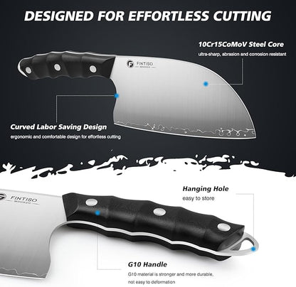 FINTISO Serbian Chef Knife, 6.5 Inch Hand Forged Meat Cleaver Knife with 5-Layer High Carbon Stainless Steel, Full Tang Outdoor-Proof G10 Handle, Ideal for Kitchen, Camping & BBQ Cooking