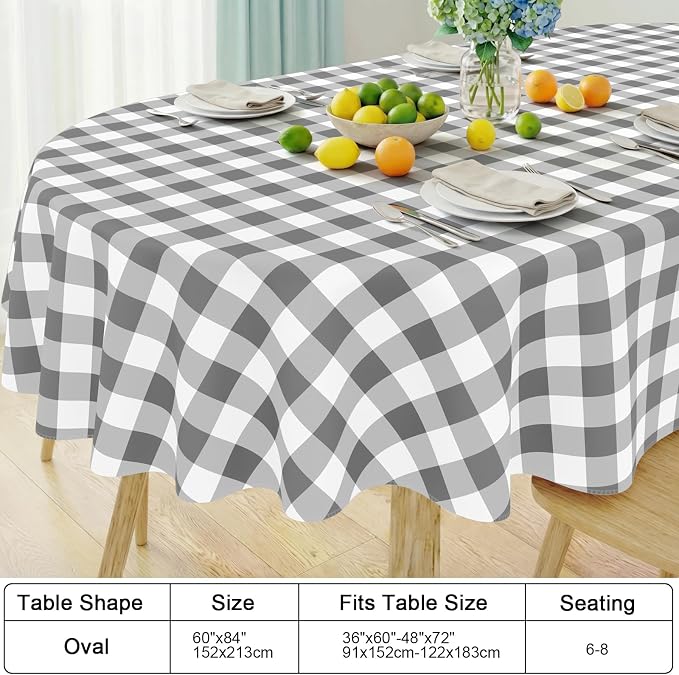Smiry Oval Table Cloth, Vinyl Tablecloths with Flannel Backing, 60"x84" | Waterproof Picnic Table Cloth, Wipeable Buffalo Plaid Table Cover for Indoor and Outdoor (Grey & White)