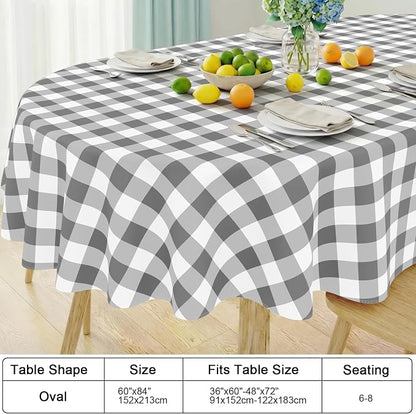 Smiry Oval Table Cloth, Vinyl Tablecloths with Flannel Backing, 60"x84" | Waterproof Picnic Table Cloth, Wipeable Buffalo Plaid Table Cover for Indoor and Outdoor (Grey & White)