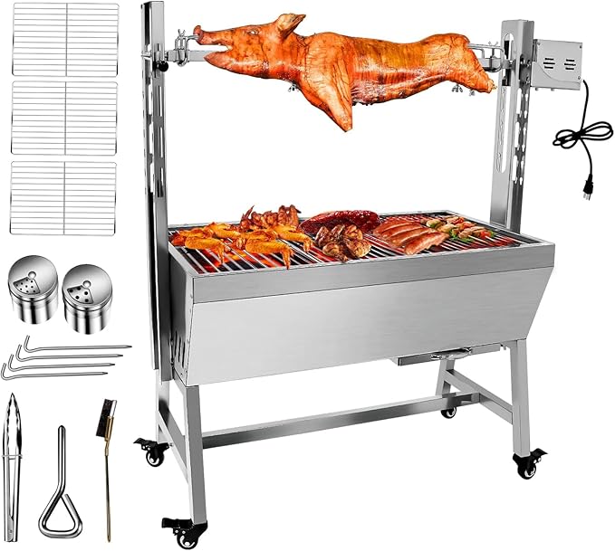 Rotisserie Grill with Back Cover Guard, 25W Motor 37 Inch Stainless Steel Small Pig Lamb Rotisserie Roaster, BBQ Charcoal Rotisserie Grill for Camping Party, Outdoor Kitchen (40KG)
