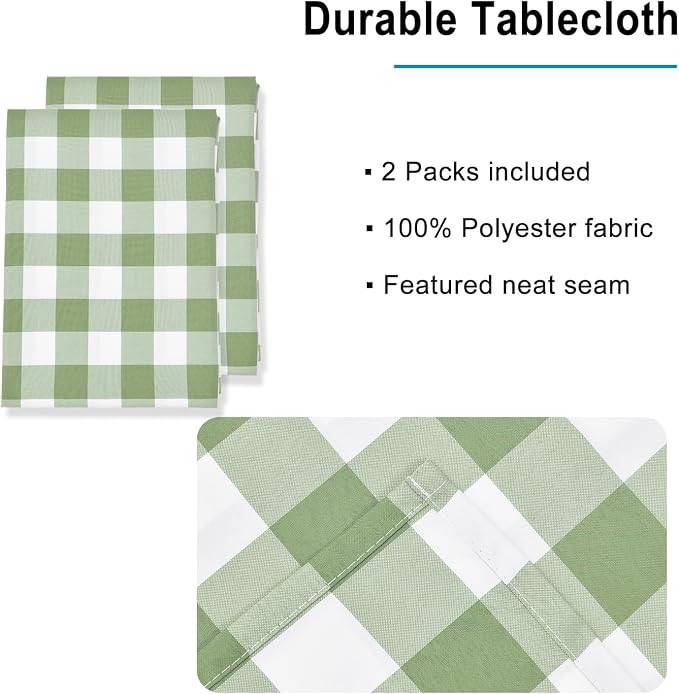 Hiasan Sage Green and White Checkered Tablecloth for Outdoor Picnic 60 x 60 inch, 2 Pack- Buffalo Plaid Table Cloth Square for Gathering/Party/Family Dining