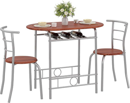 VECELO 3-Piece Dining Table Set for Kitchen Breakfast Nook, Wood Grain Oval Tabletop and Metal Frame with Built-in Wine Rack, for Small Spaces, Brown & Silver