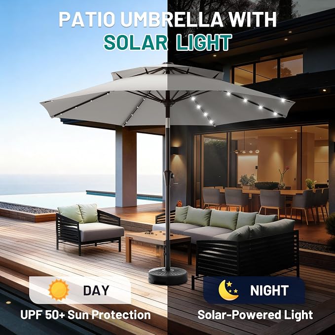 AreShark 9ft 2 Tiers Patio Umbrella with Solar Lights, Outdoor Umbrella w/ 32 LED Lights&8 Sturdy Ribs, Table Umbrella for Deck, Backyard, Pool(Light Gray)