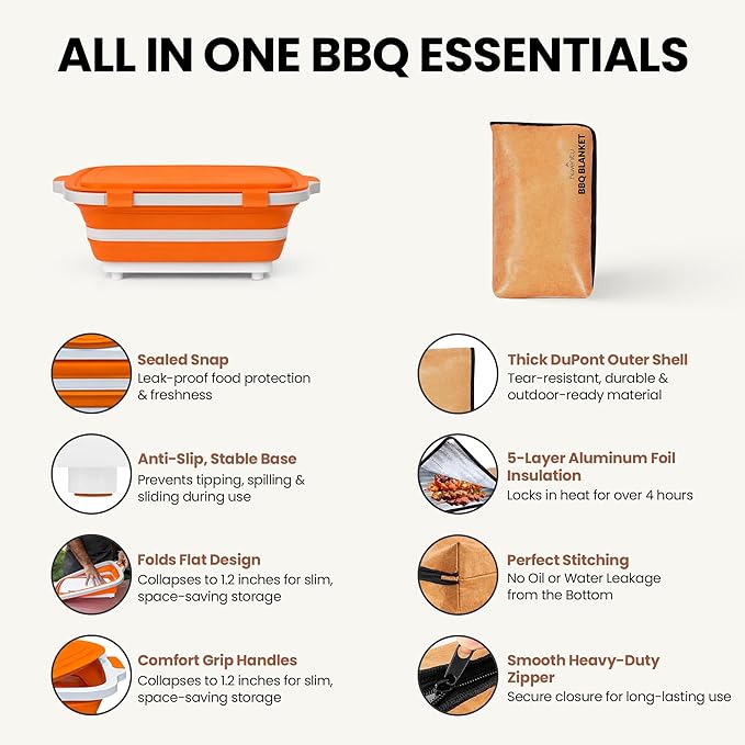 BBQ Prep Tub with BBQ Blanket, 16L Multifunctional Camping Cutting Board with Locking Lid, Reusable Meat Resting Bag for Smoking, Collapsible Dish Basin for Marinating Food (Large 16L)