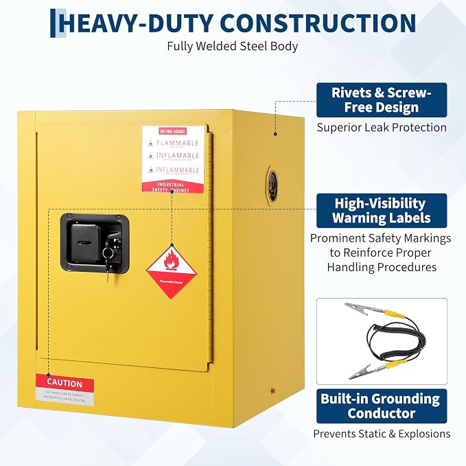 Hazardous Storage Flammable Cabinets, Fire Resistant Safety Cabinet for Flammable Liquids | Cold-Rolled Steel Construction w/Spill Containment Tray, Ventilation Holes & Grounding | Adjustable Shelf
