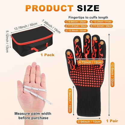 M METERXITY 1-Pair BBQ Gloves, 1472°F Heat Resistant Non-Slip Grilling Oven Gloves for Barbecue/Baking/Cooking, with Storage Bag [Flame Pattern L, Red]