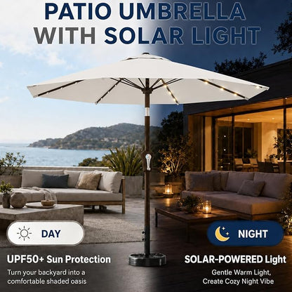 10FT Solar Patio Umbrella with Lights, Outdoor Table Market Umbrella with 32 LED Lights, 8 Sturdy Ribs, Push Button Tilt and Crank for Pool, Deck and Garden, UV-Resistant
