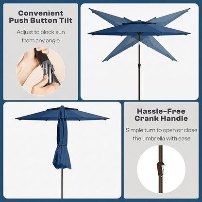 Outdoor Patio Umbrella, 2 Tiers Market Table Umbrella with 8 Sturdy Ribs, Push Button Tilt and Crank, UPF50+ UV Protection for Deck, Pool, Garden and Backyard