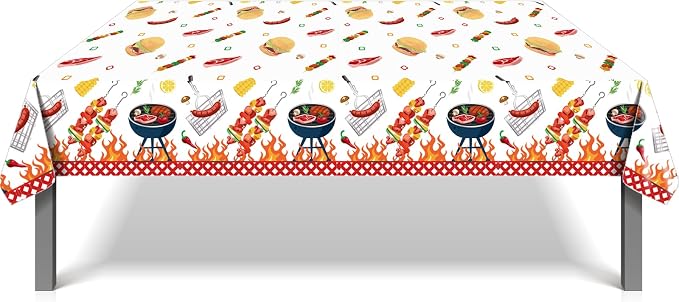 3 Pcs BBQ Party Tablecloth, Hamburger Barbecue Pizza Carnival Tablecloth BBQ Disposable Plastic Table Covers Hamburger Barbecue Pizza Carnival Veterans Day Party Decorations, 54 x 87In
