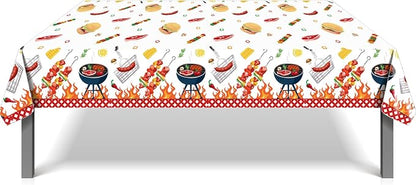 3 Pcs BBQ Party Tablecloth, Hamburger Barbecue Pizza Carnival Tablecloth BBQ Disposable Plastic Table Covers Hamburger Barbecue Pizza Carnival Veterans Day Party Decorations, 54 x 87In