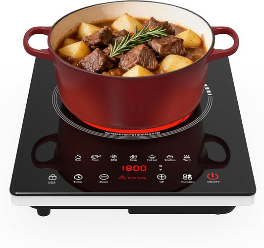 Single Burner Electric Cooktop 1800W, Portable Electric Stove Hot Plate Countertop Stove Top Burner with 8 Power Settings, 4-Hour Timer Child Safety Lock for Apartment, Dorm & Small Kitchen