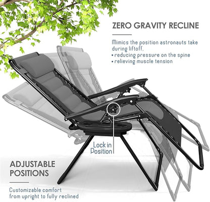 Nestl Padded Oversized Zero Gravity Chair, XL Folding Outdoor Lounge Chair | Adjustable Headrest, Cup Holder & Side Tray, Support 330 LBS, Anti Gravity Reclining, For Patio, Camping & Beach, Black/Grey
