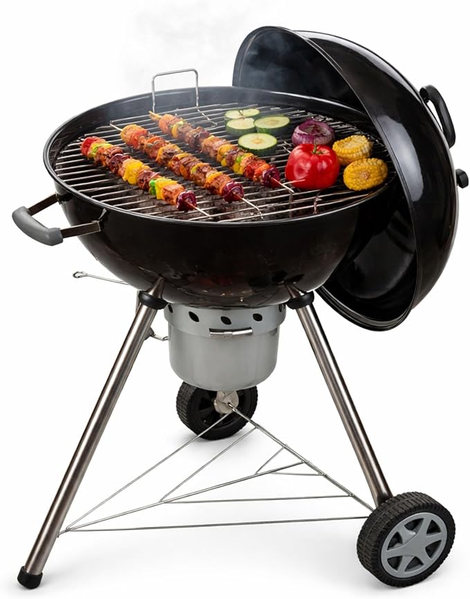 Amig - Fireplus Portable Charcoal or Firewood Barbecue | Round Barbecue with Lid and Wheels | Ventilation System and Ash Deposit | Steel Grill | 68.8 x 64 x 100 cm