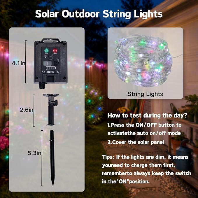 Solar Fairy Lights, 33FT 100 LED RGB APP Control | IP65 waterproof, remote control, multi-mode. String lights for garden, party, tree, backyard decoration.