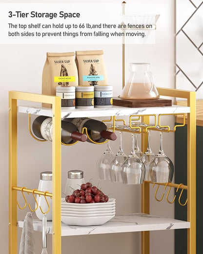 TUTOTAK Bar Cart with Wheels, Mini Drink Cart with Wine Rack & Glass Holder | 3-Tier 17 Inch Wide Home Bar Serving Carts, Small Mobile Kitchen Shelf with 6 Hooks, Marble Gold BC01BMG035