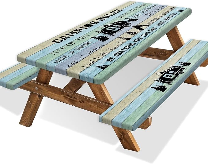 Wooden Camping Rules Picnic Table Cover with Bench Covers and Bag, Waterproof Windproof, Fitted Tablecloth Cover with Elastic Edge, for Indoor & Outdoor, Garden, Camping, 3 Pieces Set, 30x60 Inch