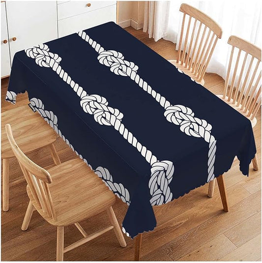 Swono Nautical Rope Table Covers 52x70 Inch Marine Rope White Loop Knots Wipeable Tablecloth Kitchen Dinning Tabletop Decoration, Navy Blue Table Cloth for Outdoor and Indoor Use