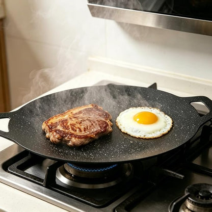 Korean Grill Pan, 11.8 Inch Round Griddle with Handle | Non-stick Coating Baking Tray for Indoor and Outdoor Stovetop Use